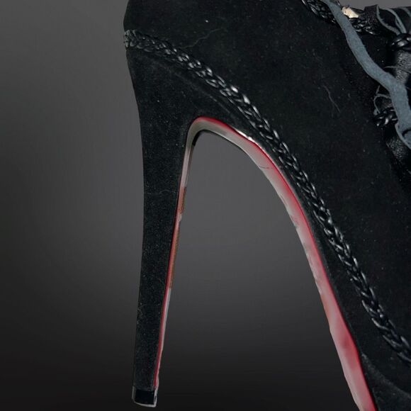 (1) Christian Louboutin Sultane Black Suede Braided Leather Trim Ankle RT Boot - Picture 6 of 13